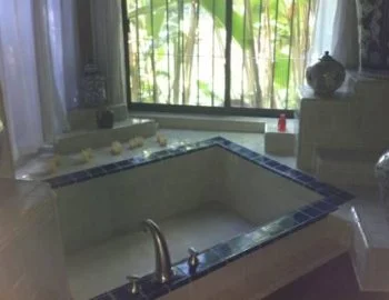 La Suite Deluxe con cama extragrande y vistas al jardín y su jacuzzi privado.