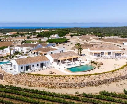 Foto aérea de este precioso hotel rural con piscinas rodeado de viñedos.