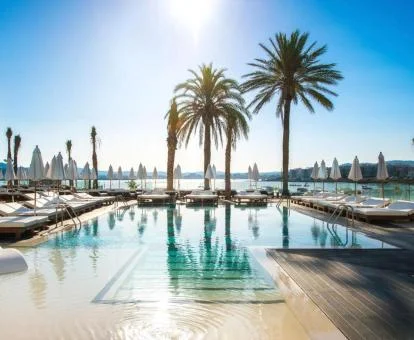 Fabulosa piscina con vistas al mar rodeada de tumbonas.