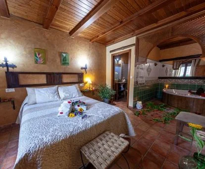 Dormitorio con jacuzzi privado junto a la cama de uno de los apartamentos del alojamiento.