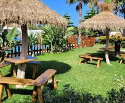 Zona exterior ajardinada con mobiliario y piscina de este hotel solo para adultos.