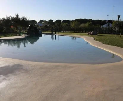 Amplia piscina de tipo laguna rodeada de naturaleza de este hotel romántico.