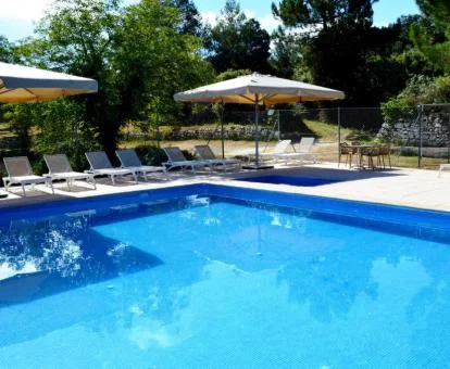 Amplia piscina exterior con solarium y bellos jardines.