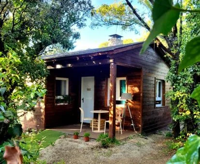 Una de las preciosas cabañas de madera rodeada de vegetación de este precioso complejo rural.