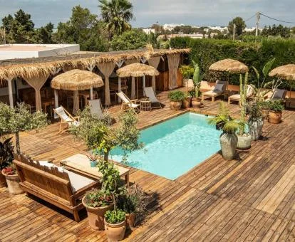 Preciosa zona exterior con piscina y mobiliario rodeada de vegetación de este coqueto hotel boutique.