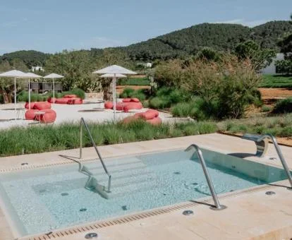 Piscina exterior con elementos de hidroterapia del spa al aire libre del hotel.