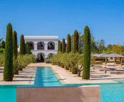 Fachada de este precioso hotel con amplia piscina y bellos jardines.