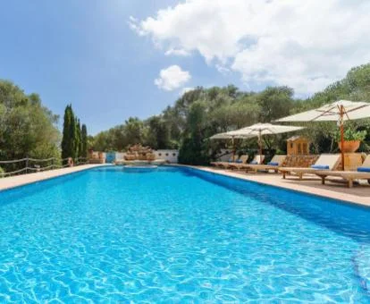 Hermosa piscina rodeada de tumbonas y vegetación de este hotel rural.