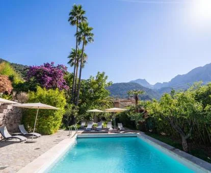 Zona exterior con piscina y bellos jardines de este hotel rodeado de naturaleza.