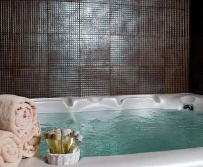 Bañera de hidromasaje del acogedor centro de spa de uso privado del hotel.
