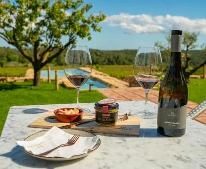 Mesa de aperitivos con botella vino y copas cerca de la piscina al aire libre.