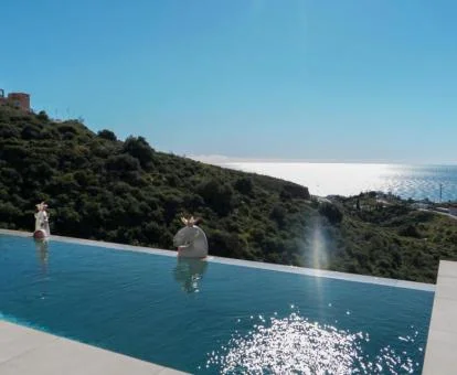 Piscina exterior de borde infinito con vistas al mar y a las montañas de este hotel solo para adultos.