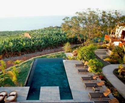 Zona exterior con piscina y vistas al campo de este maravilloso alojamiento.