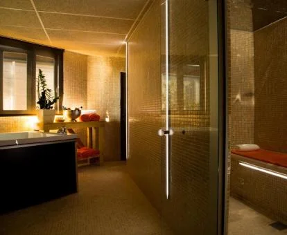 Sala de bienestar con jacuzzi y zona de masajes del centro de spa del hotel.
