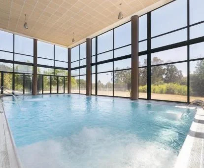 Piscina cubierta con hidroterapia y vistas al exterior del centro de bienestar del hotel.