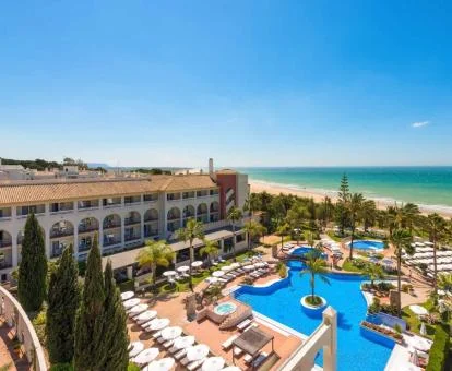 Vista aérea de las zonas exteriores con piscina y jardín de este hotel junto a la playa.