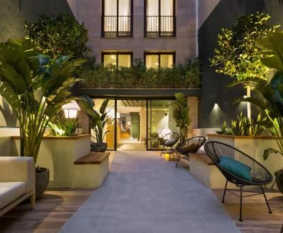 Patio interior del hotel con vegetación, mobiliario e iluminación nocturna.