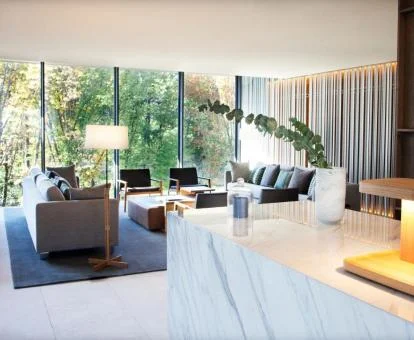Uno de los elegantes espacios de uso compartido con amplios ventanales y vistas de este hotel boutique.