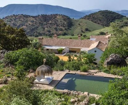 Hotel boutique rodeado de vegetación con piscina y solarium.