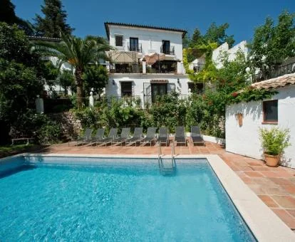 Edificio de este hotel boutique con piscina y solarium rodeada de vegetación.