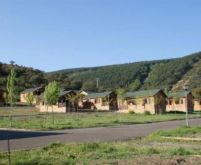 Establecimiento rural de cabañas de madera en medio de la naturaleza.
