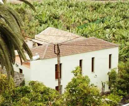 Edificio de este hotel rural rodeado de vegetación.