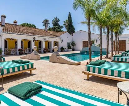 Precioso patio con solarium y piscina exterior de este coqueto hotel.