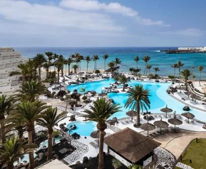 Gran piscina exterior de tipo laguna con amplios jardines y vistas al mar.