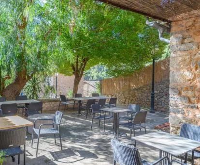 Terraza con comedor exterior y árboles de este hotel solo para adultos.