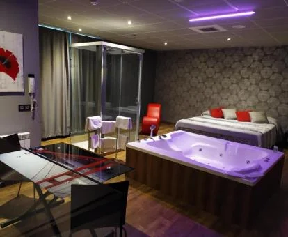 Preciosa suite con bañera de hidromasaje privada junto a la cama y ducha de cristal.