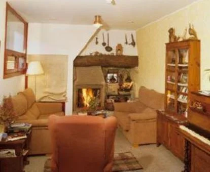 Espacio de uso compartido acogedor con sofás, chimenea y zona de lectura de este alojamiento rural.