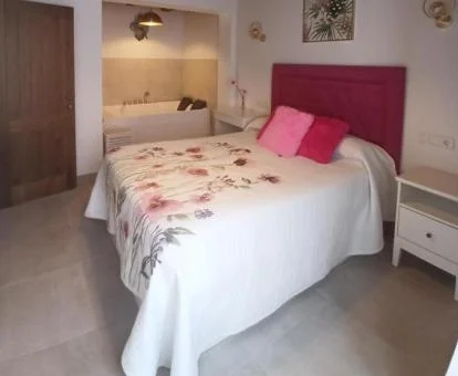Dormitorio con jacuzzi privado de uno de los apartamentos del alojamiento.