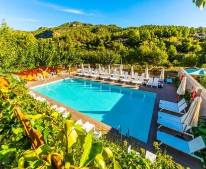 Fabulosa zona exterior con piscina rodeada de vegetación de este hotel rural.