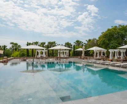 Gran zona exterior con piscina rodeada de tumbonas y vegetación de este hermoso hotel.