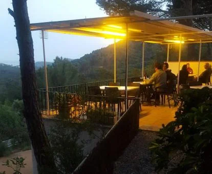 Terraza iluminada con comedor bajo techo y húespedes comiendo mientras disfrutan de vistas a la naturaleza.