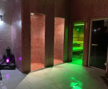 Zona de bienestar del spa del hotel con duchas y sauna.
