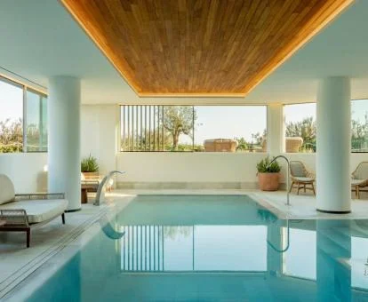Piscina cubierta con elementos de bienestar y zona de relajación con vistas al exterior.