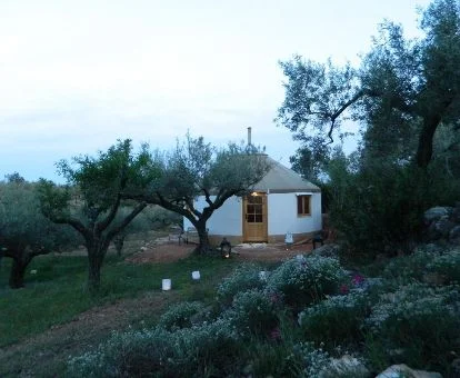 Hermosa yurta ideal para parejas en medio de la vegetación en una finca rural.